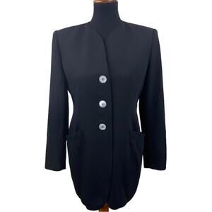 Escada Black Blazer 3 Button No Collar Classic Academia Office Career